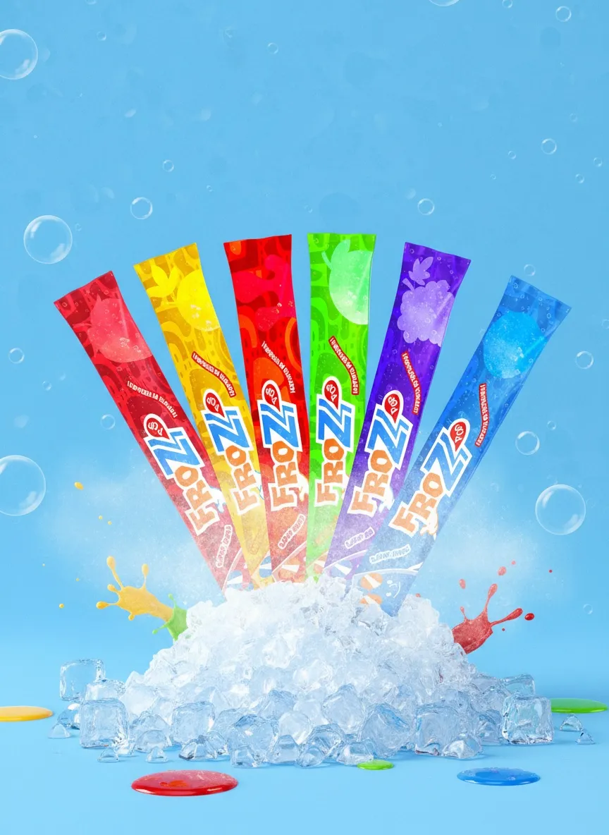 Bolis FrozzPOP de seis sabores sobre hielo picado